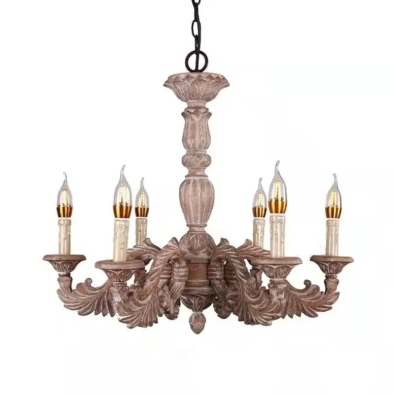 Country french solid wood chandelier in antique style with six candle-shaped bulbs and weathered finish for dining room decorbites