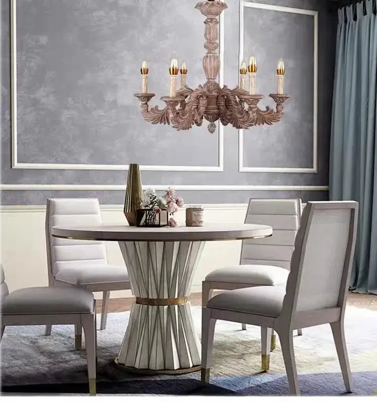 A decorbites country french solid wood chandelier in rose gold with ornate arms and candle bulbs for dining room decor