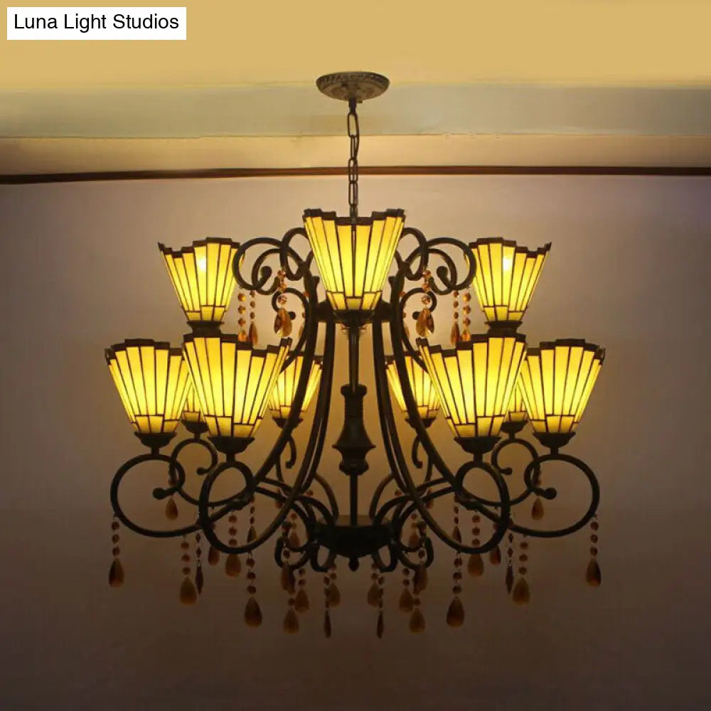 Country Geometric Hanging Pendant Stained Glass Chandelier - 11 Lights, Crystal Pendants - Yellow