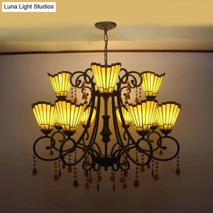 Country Geometric Hanging Pendant Stained Glass Chandelier - 11 Lights, Crystal Pendants - Yellow