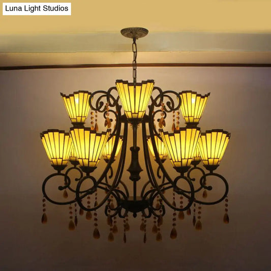 Country Geometric Hanging Pendant Stained Glass Chandelier - 11 Lights, Crystal Pendants - Yellow