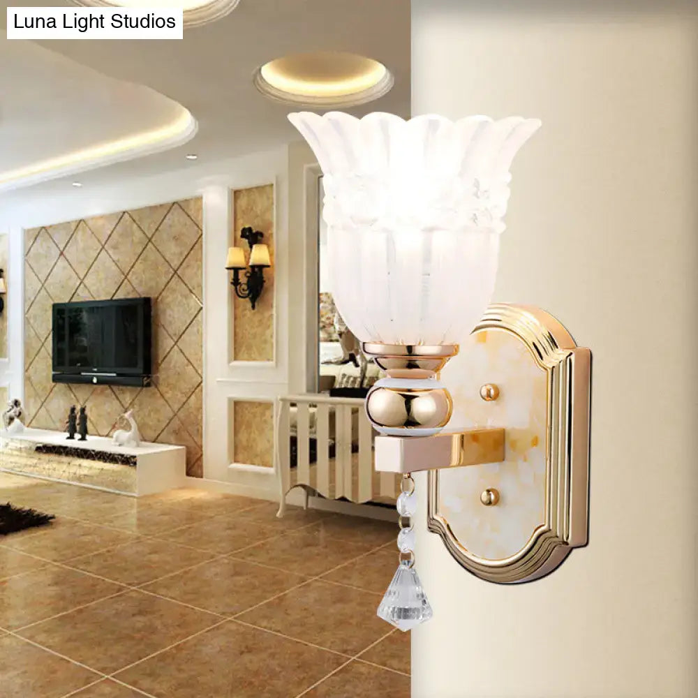 Elegant country gold frosted glass floral wall sconce lamp with gold finish and crystal droplet for bedroom lighting