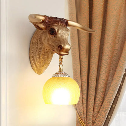 Country Gold Ox Head Wall Mounted Resin Lamp with Crackle Glass Shade
