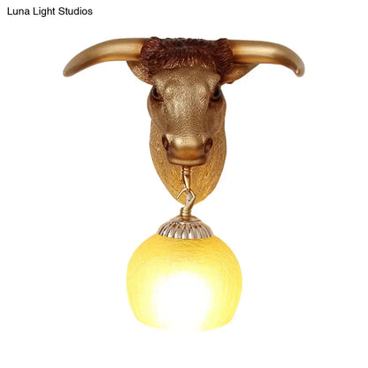 Country Gold Ox Head Wall Mounted Resin Lamp with Crackle Glass Shade