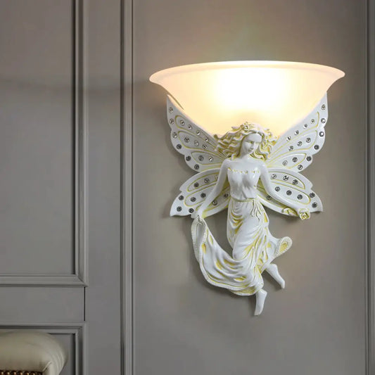 Country Half-Bowl Opal Glass Wall Sconce with Resin Angel - White/Gold