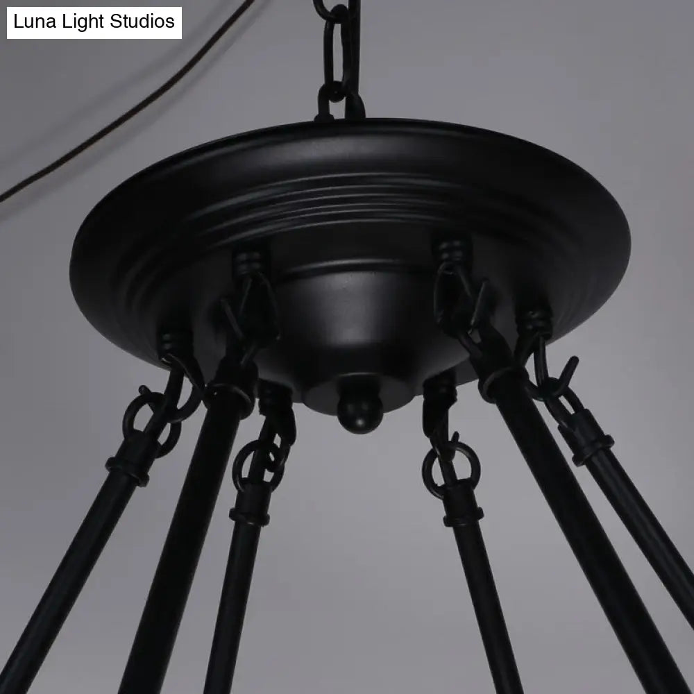 Country Hemp Rope Loop Chandelier - Hanging Ceiling Light, Black Restaurant Lamp