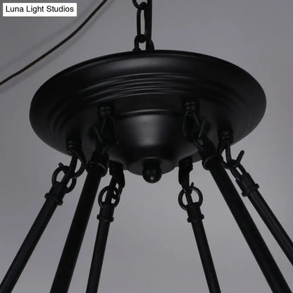 Country Hemp Rope Loop Chandelier - Hanging Ceiling Light, Black Restaurant Lamp