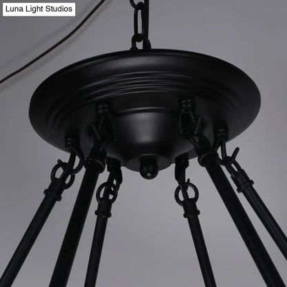 Country Hemp Rope Loop Chandelier - Hanging Ceiling Light, Black Restaurant Lamp
