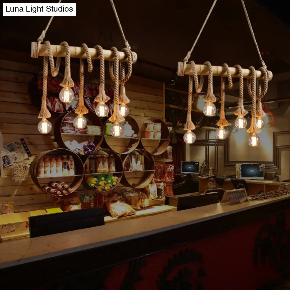 ديكوربايتس™ إضاءة معلقة من حبل القنب الريفي مع عصا من الخيزران - 6 لمبات، لمسة نهائية بنية