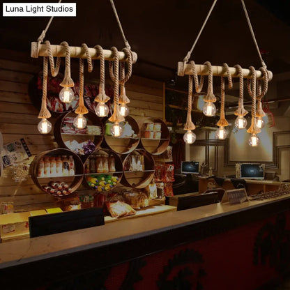 ديكوربايتس™ إضاءة معلقة من حبل القنب الريفي مع عصا من الخيزران - 6 لمبات، لمسة نهائية بنية