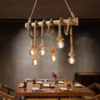 ديكوربايتس™ إضاءة معلقة من حبل القنب الريفي مع عصا من الخيزران - 6 لمبات، لمسة نهائية بنية