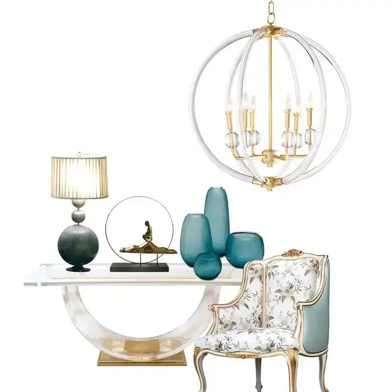 Country industrial ball chandelier with clear glass rings gold metal accents and candle-style bulbs for living room decor