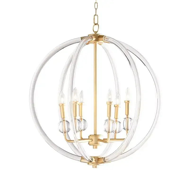Gold-finished country industrial ball chandelier with clear acrylic rings and crystal accents for living room decorbites decor