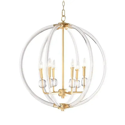 Gold-finished country industrial ball chandelier with clear acrylic rings and crystal accents for living room decorbites decor
