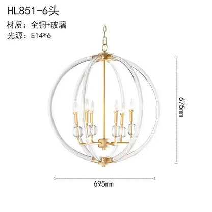 Gold-toned country industrial ball chandelier with clear glass rings and six e14 bulbs for living room decorbites decor