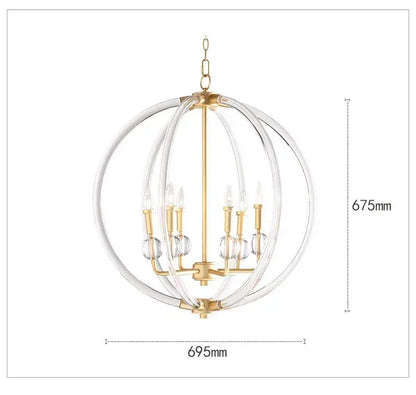 Gold-finished country industrial ball chandelier with clear acrylic rings and crystal accents for living room decorbites decor