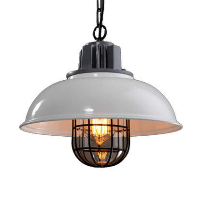 Country Iron 1-Light Pendant Lamp with Cage and Inner Glass Shade - Bowl Bistro Hanging Light Kit (Rust/White)