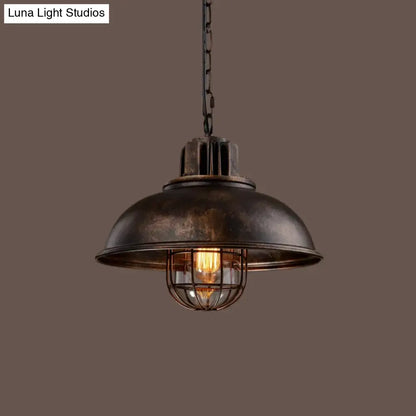 Country Iron 1-Light Pendant Lamp with Cage and Inner Glass Shade - Bowl Bistro Hanging Light Kit (Rust/White)