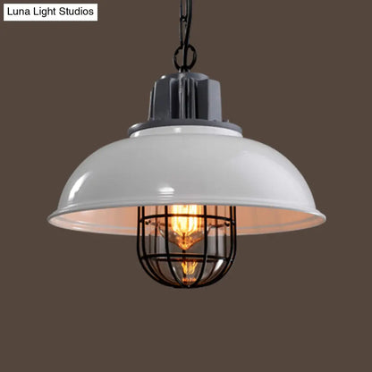 Country Iron 1-Light Pendant Lamp with Cage and Inner Glass Shade - Bowl Bistro Hanging Light Kit (Rust/White)