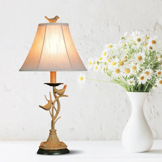 Country Khaki Table Lamp with Flared Fabric Shade - Charming Twig and Bird Accents