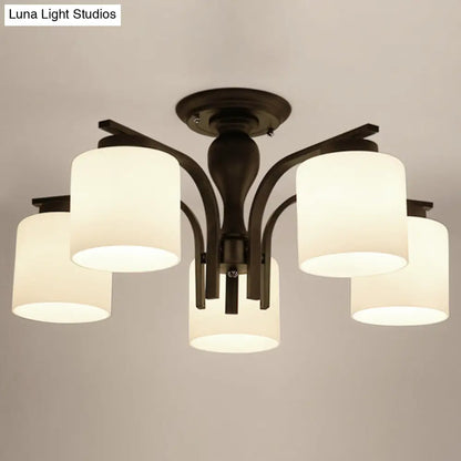 DecorBites™ DecorBites™ Country Living Room Chandelier with Milk Glass Shade - Semi Flush Mount Ceiling Light in Black