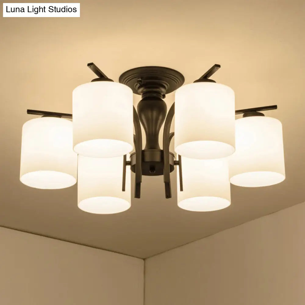 DecorBites™ DecorBites™ Country Living Room Chandelier with Milk Glass Shade - Semi Flush Mount Ceiling Light in Black