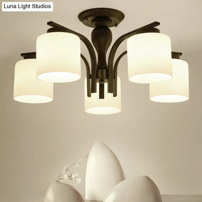 DecorBites™ DecorBites™ Country Living Room Chandelier with Milk Glass Shade - Semi Flush Mount Ceiling Light in Black