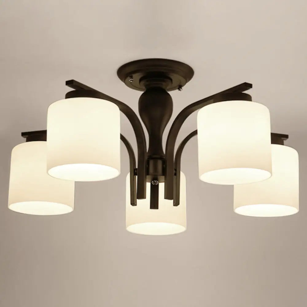 DecorBites™ DecorBites™ Country Living Room Chandelier with Milk Glass Shade - Semi Flush Mount Ceiling Light in Black