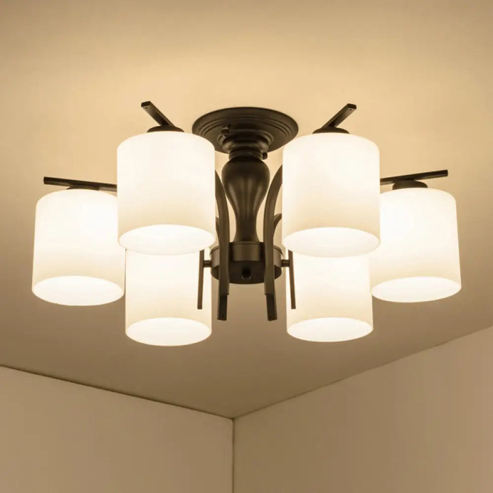 DecorBites™ DecorBites™ Country Living Room Chandelier with Milk Glass Shade - Semi Flush Mount Ceiling Light in Black