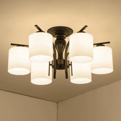 DecorBites™ DecorBites™ Country Living Room Chandelier with Milk Glass Shade - Semi Flush Mount Ceiling Light in Black