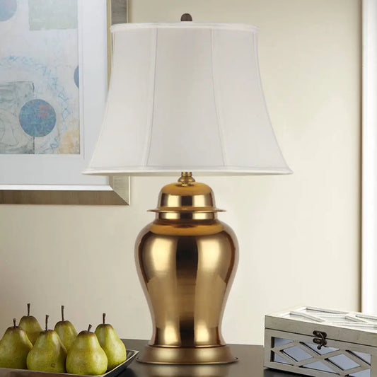 Country Living Room Nightstand Lamp in White with Urn Pedestal – Fabric Paneled Base Night Light