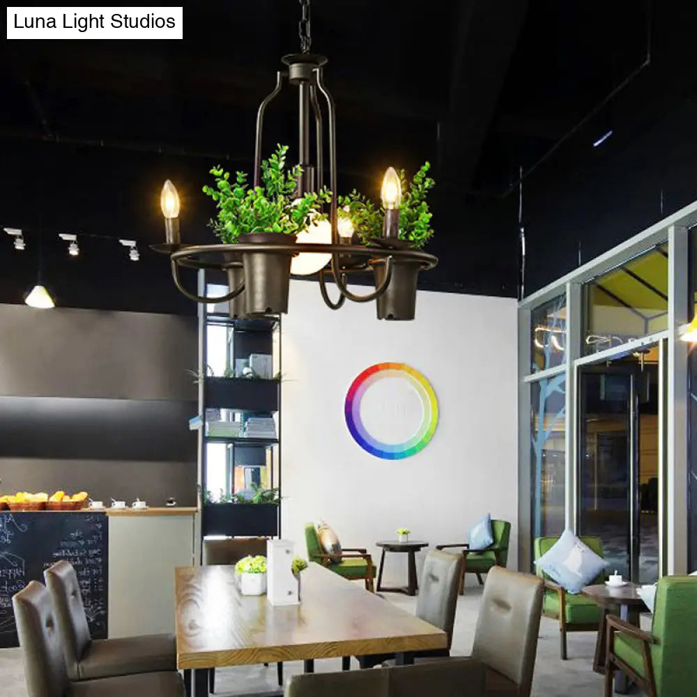 Country Metallic 4-Light Green Pendant Chandelier with Leaf Decoration - Circle Dining Room Light