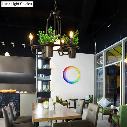 Country Metallic 4-Light Green Pendant Chandelier with Leaf Decoration - Circle Dining Room Light