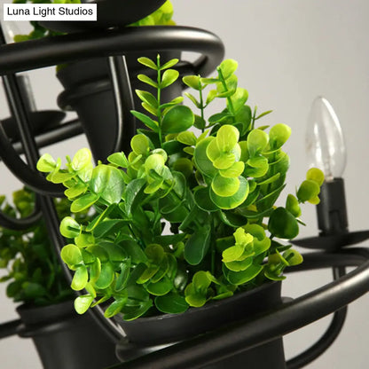 Country Metallic 4-Light Green Pendant Chandelier with Leaf Decoration - Circle Dining Room Light