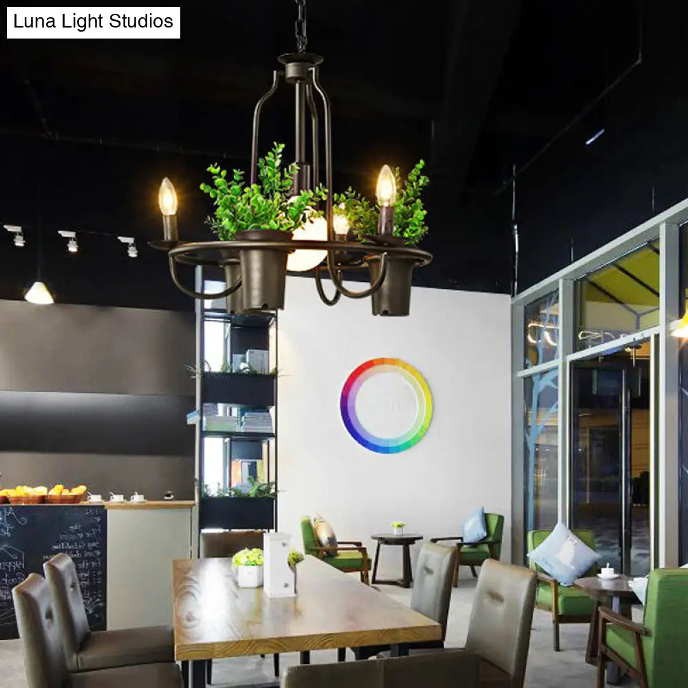 Country Metallic 4-Light Green Pendant Chandelier with Leaf Decoration - Circle Dining Room Light