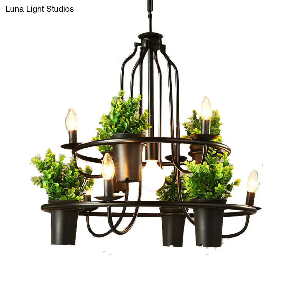 Country Metallic 4-Light Green Pendant Chandelier with Leaf Decoration - Circle Dining Room Light