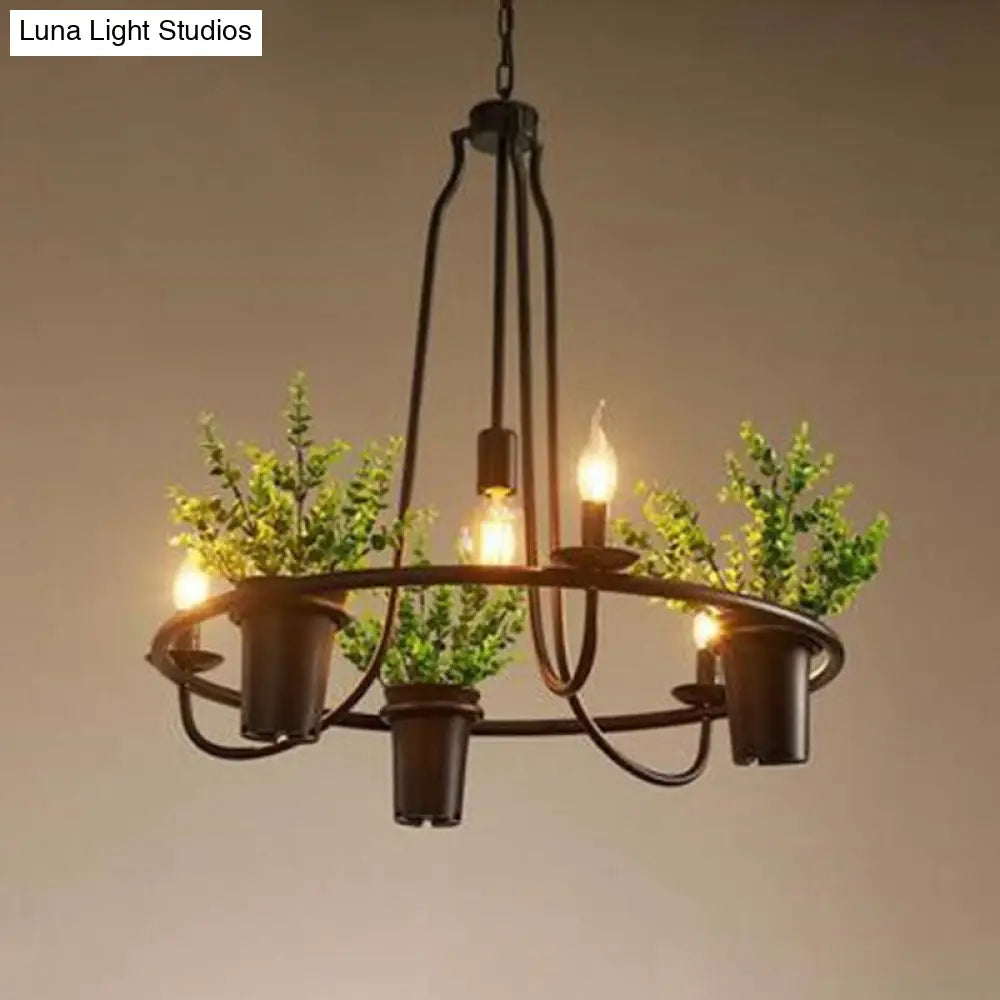 Country Metallic 4-Light Green Pendant Chandelier with Leaf Decoration - Circle Dining Room Light