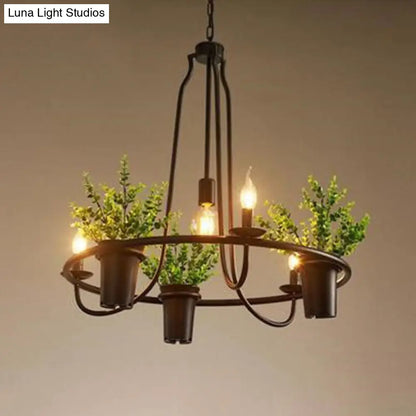 Country Metallic 4-Light Green Pendant Chandelier with Leaf Decoration - Circle Dining Room Light