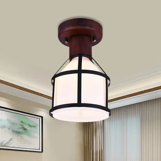 DecorBites™ DecorBites™ Country Opal Glass Dome Ceiling Light Fixture with Cage - Brown Flush Mount Lamp