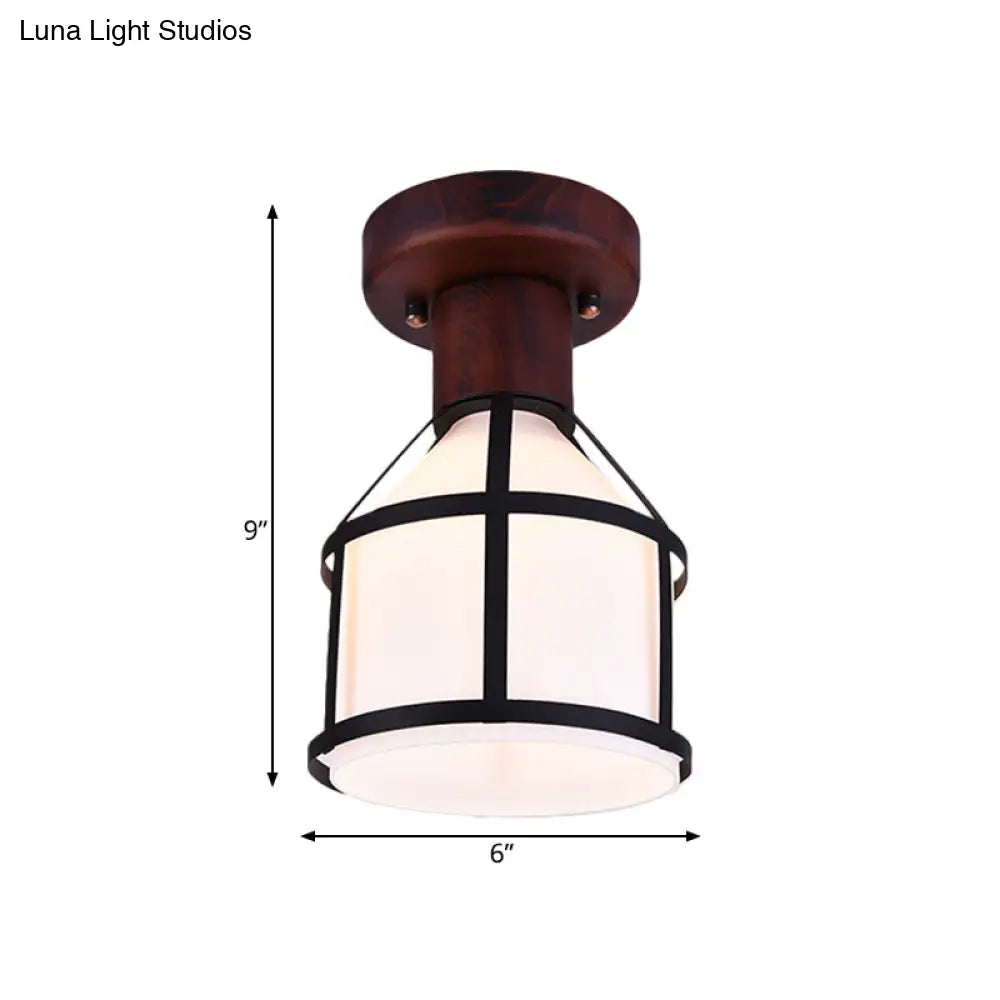 DecorBites™ DecorBites™ Country Opal Glass Dome Ceiling Light Fixture with Cage - Brown Flush Mount Lamp