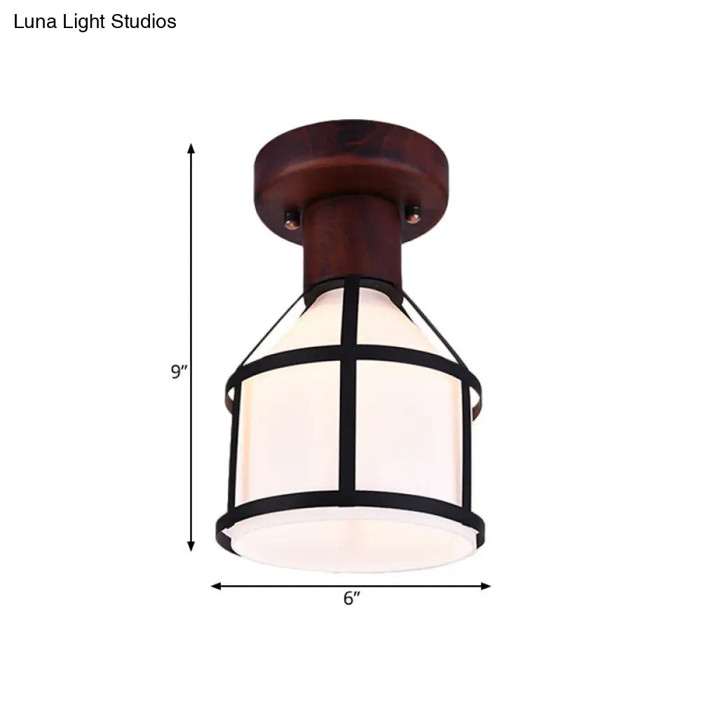 DecorBites™ DecorBites™ Country Opal Glass Dome Ceiling Light Fixture with Cage - Brown Flush Mount Lamp