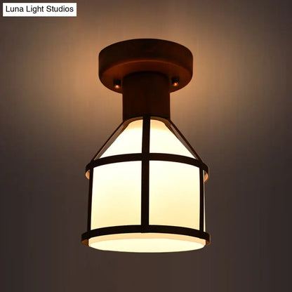 DecorBites™ DecorBites™ Country Opal Glass Dome Ceiling Light Fixture with Cage - Brown Flush Mount Lamp