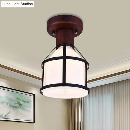 DecorBites™ DecorBites™ Country Opal Glass Dome Ceiling Light Fixture with Cage - Brown Flush Mount Lamp