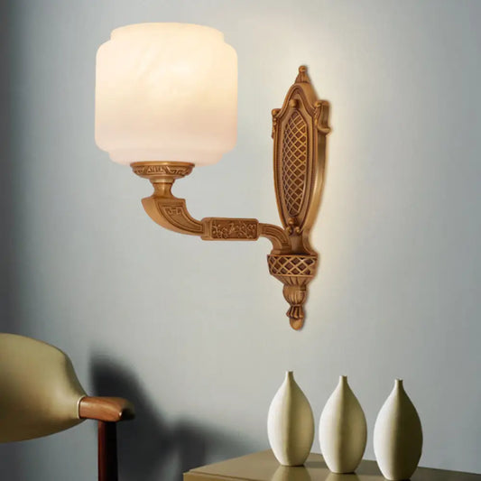 Country Opal Glass Lantern Wall Sconce - Brass 1-Bulb Wall Light Fixture