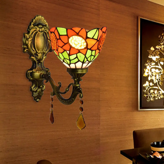 Country Orange Sunflower Wall Light with Glass Shade for Hallway