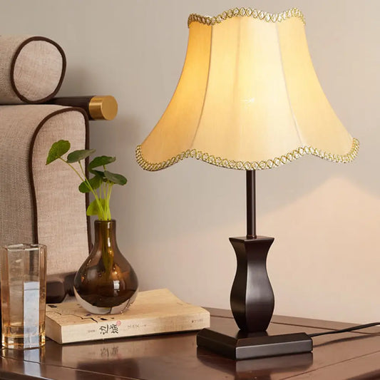 Country Paneled Bell Scalloped Fabric Night Stand Lamp - Beige/Burgundy