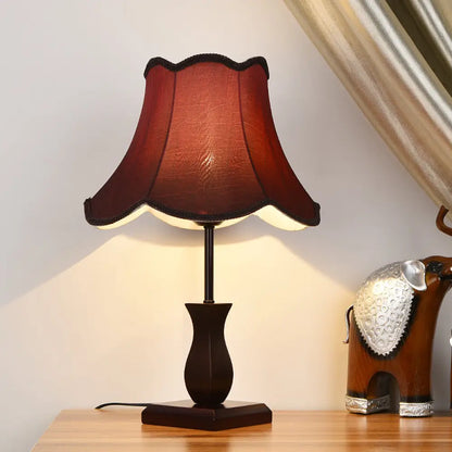 Country Paneled Bell Scalloped Fabric Night Stand Lamp - Beige/Burgundy