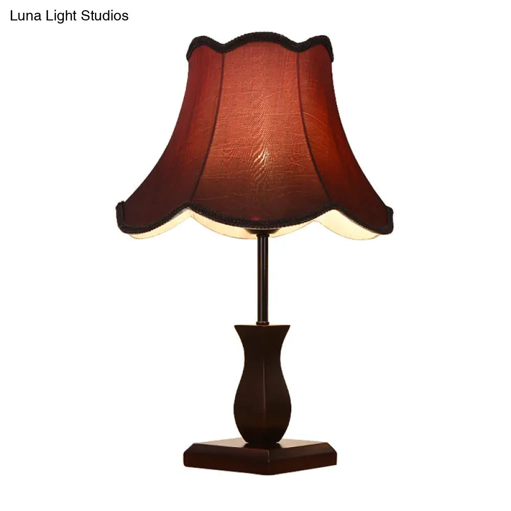 Country Paneled Bell Scalloped Fabric Night Stand Lamp - Beige/Burgundy