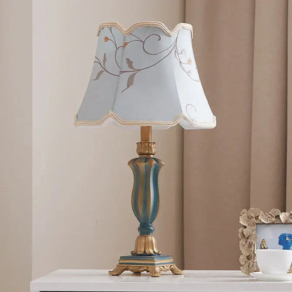Elegant decorbites country pastoral desk lamp in blue and gold with white fabric shade and embroidered vines for bedroom decor