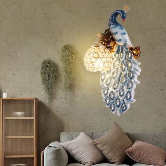 Country Resin Wall Sconce with Blue Peacock Design and Crystal Shade for Dining Room Lighting